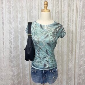 ess Jeans Blue Rhinestone Sheer Top‎ Women's Medium Vintage Embellished